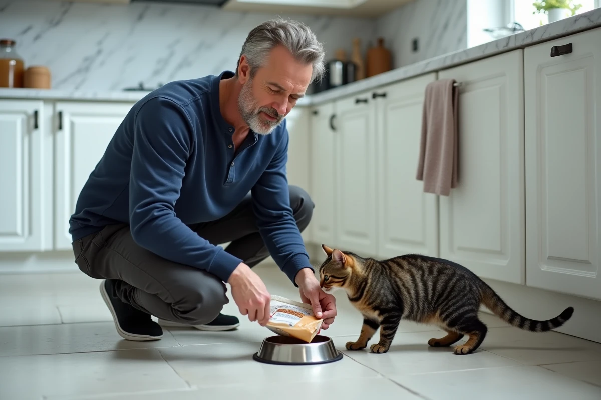 Homme accroupi qui nourrit son chat tigré dans une cuisine moderne au carrelage blanc