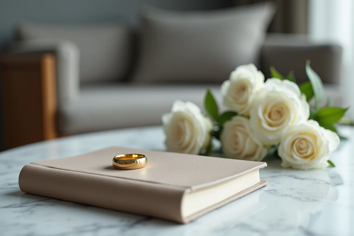 Alliance dorée, journal et roses blanches sur marbre symbolisant le mariage discret d'une célébrité