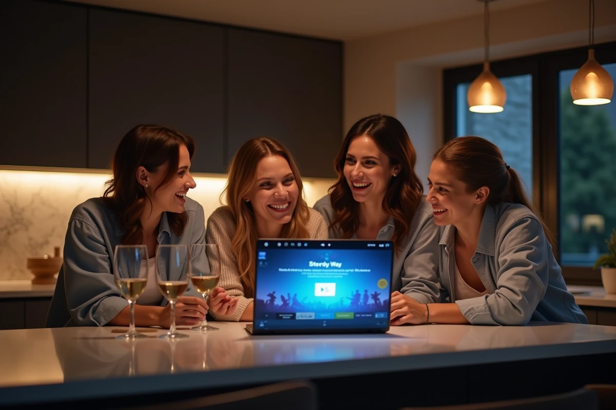 Groupe d'amis réunis autour d'un ordinateur portable pour choisir un film sur une nouvelle plateforme de streaming