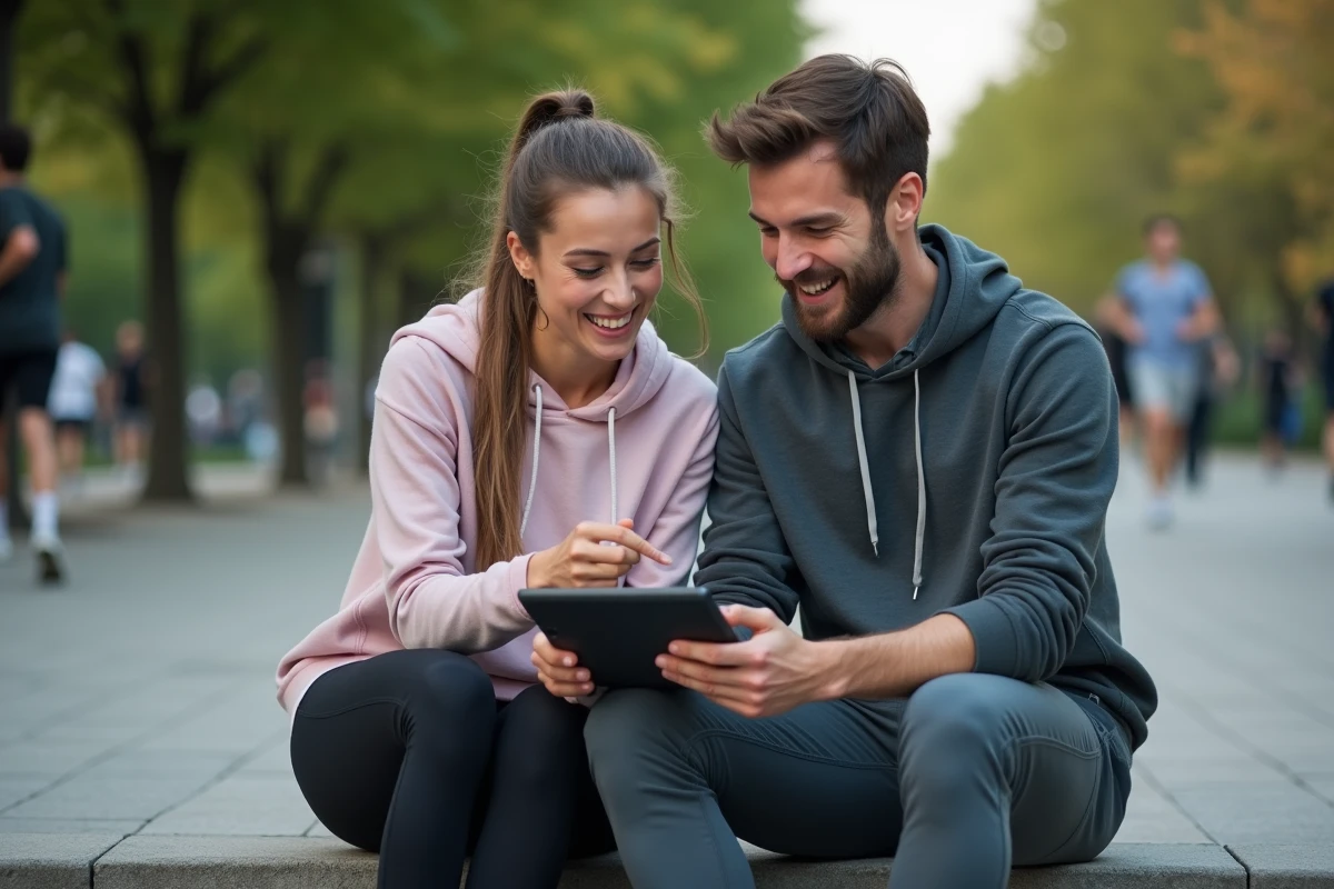 Deux amis regardant un événement sportif dans un parc