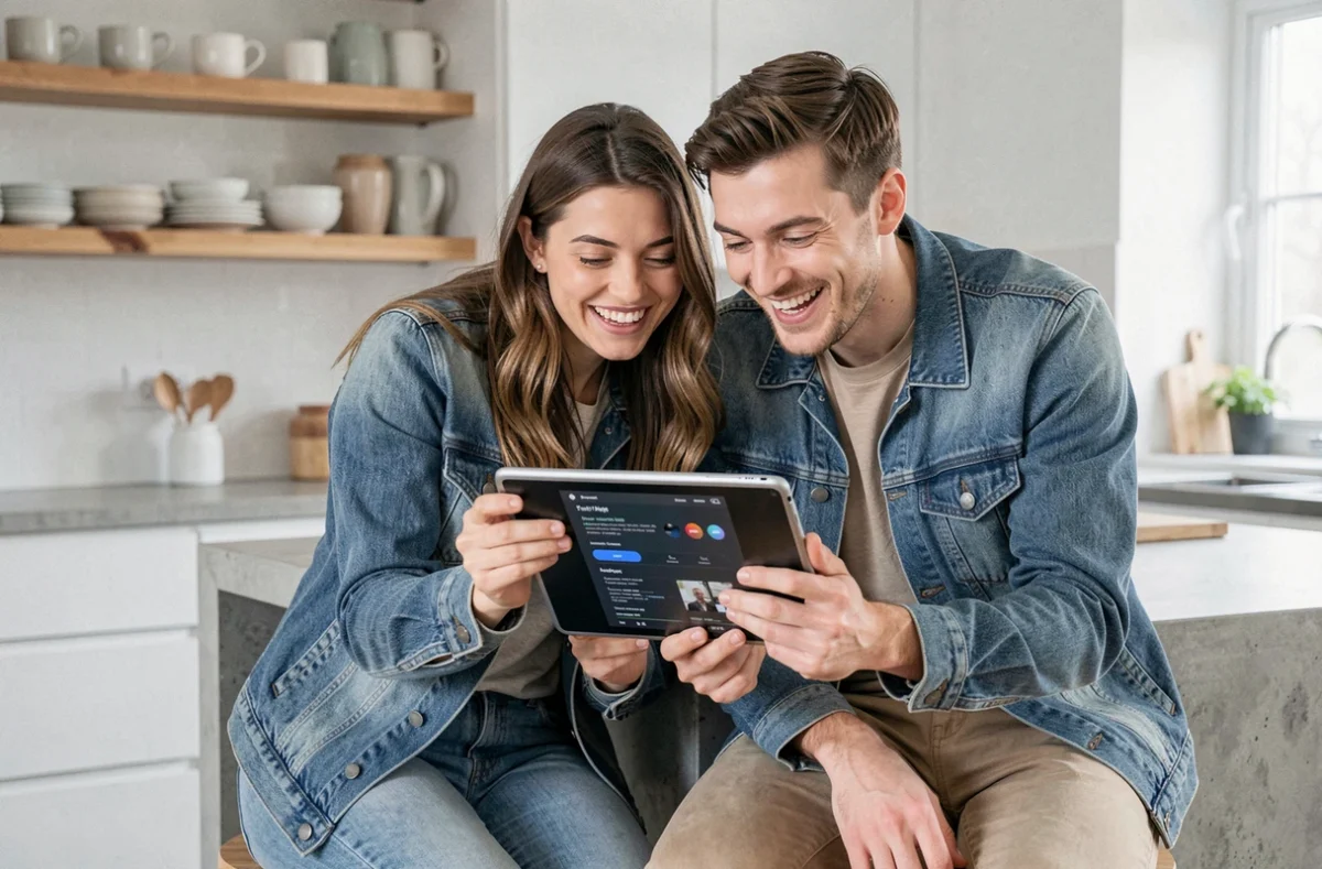 Deux amis partageant une tablette pour regarder des séries en streaming dans une cuisine moderne