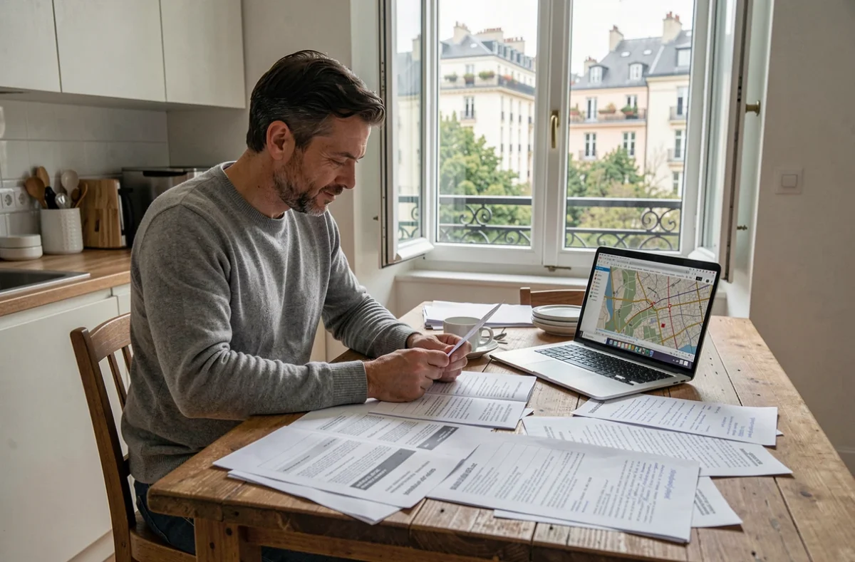Propriétaire lyonnais analysant des comparatifs de prix immobiliers sur une table en bois avec un ordinateur portable
