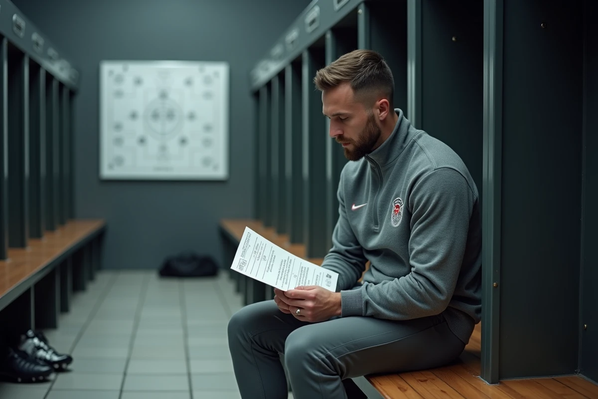Athlète professionnel dans les coulisses d'un vestiaire étudiant une feuille tactique avant un match