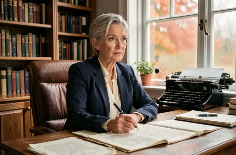 Auteure et comédienne quinquagénaire écrivant à son bureau dans un bureau littéraire chaleureux