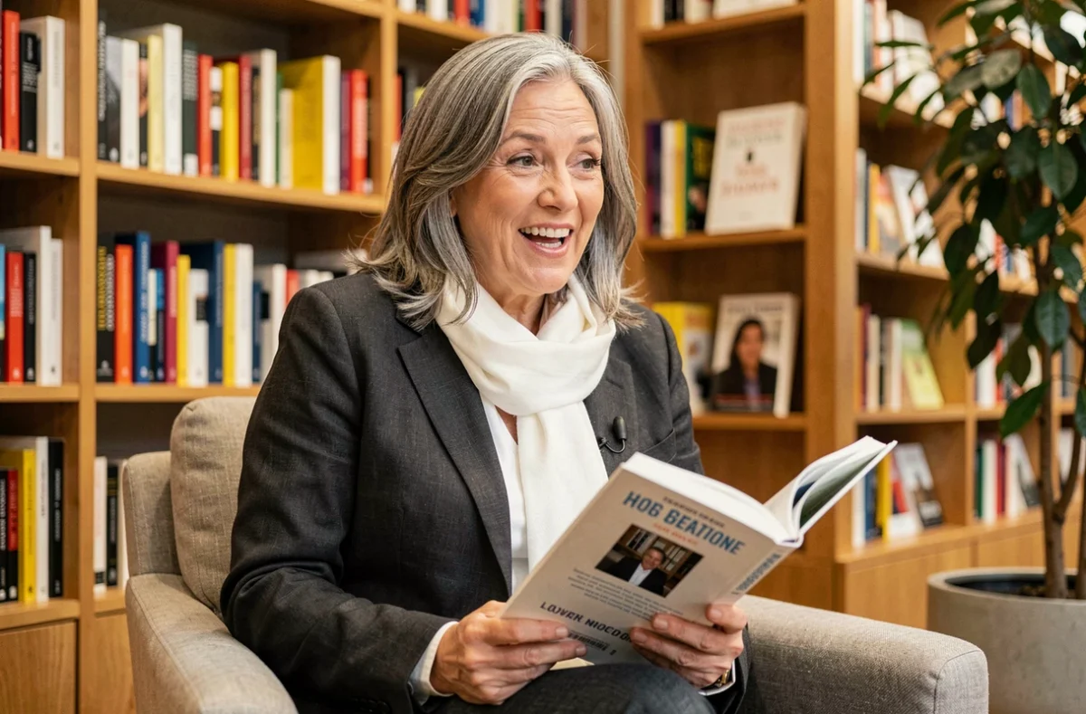 Auteure en dédicace dans une librairie tenant son livre lors d'une rencontre littéraire