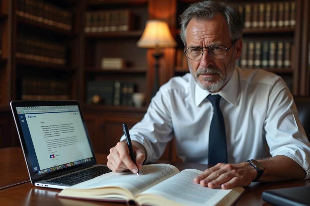 Avocat en bureau traditionnel indiquant une clause légale dans un ouvrage juridique ouvert à côté d'un site web affichant ses mentions légales
