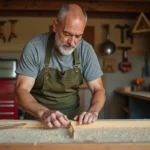 Homme bricoleur mesurant une planche en bois avec un mètre ruban dans un atelier de garage