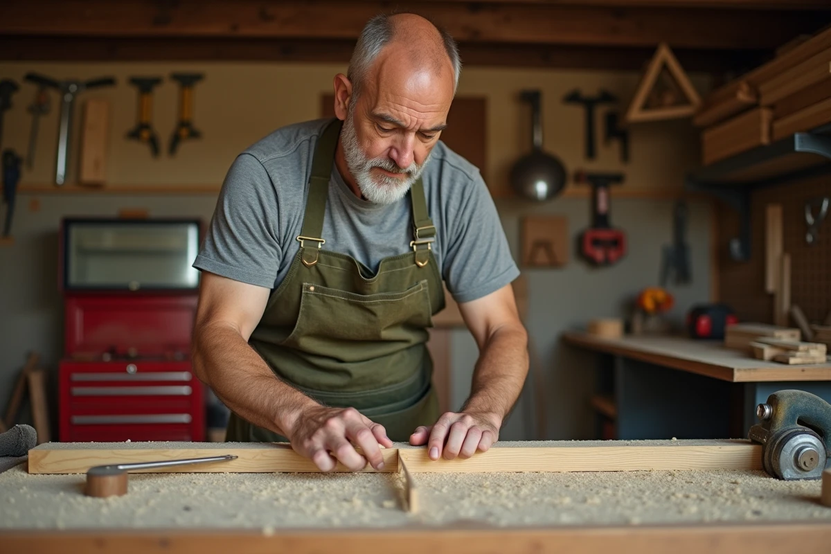 Homme bricoleur mesurant une planche en bois avec un mètre ruban dans un atelier de garage