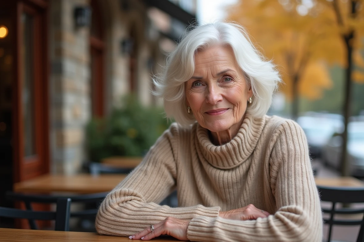 Femme élégante de 75 ans avec un carré blanc texturé en terrasse de café en automne