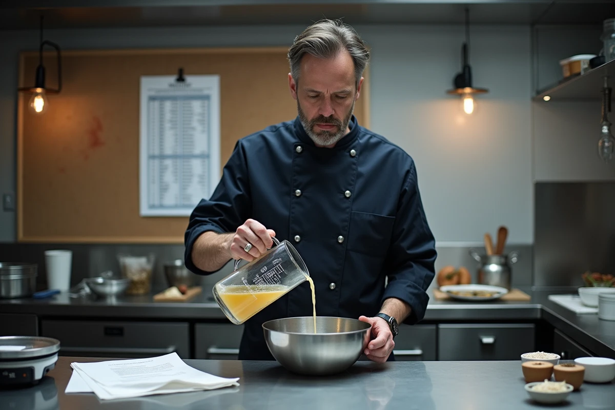 Chef cuisinier versant un liquide dans un bol en acier inoxydable en consultant un tableau de conversion gramme en litre dans une cuisine professionnelle