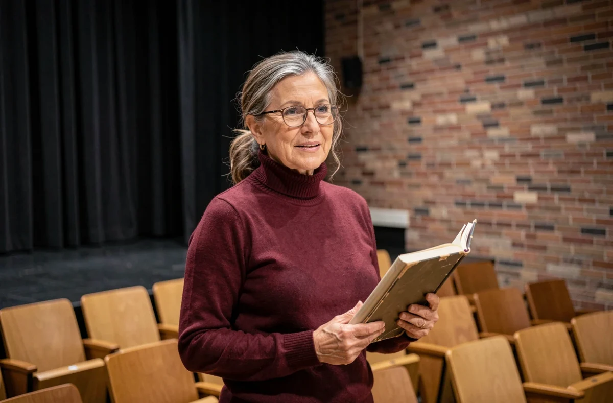 Comédienne expérimentée répétant sur scène dans un théâtre de type black-box
