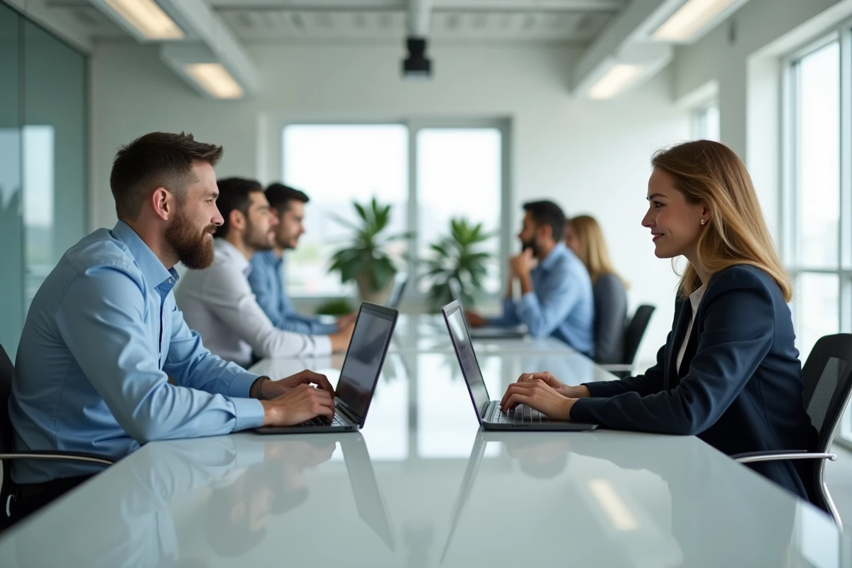 Deux professionnels comparant des alternatives gratuites à Format Factory sur leurs ordinateurs portables dans un bureau moderne