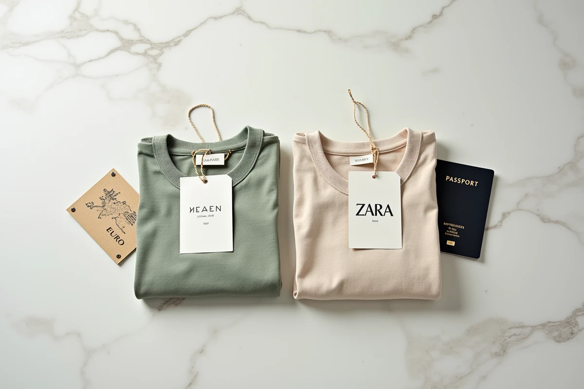 Comparaison de prix Zara en euros et en yens japonais sur fond de marbre blanc