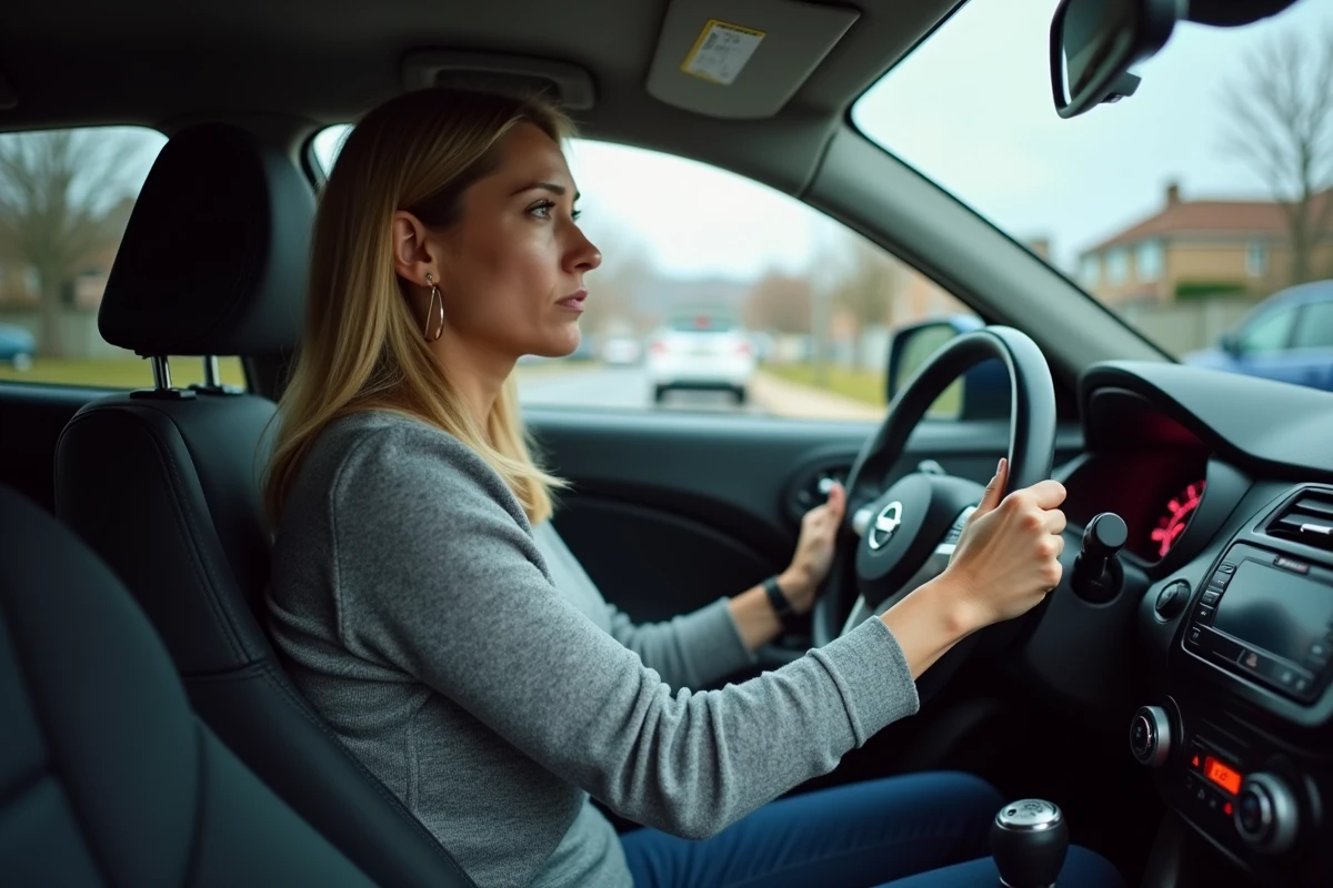 Conductrice inquiète face aux voyants moteur rouge et ESP allumés dans l'habitacle d'une Nissan Juke