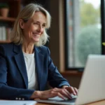 Femme connectée à son espace client bancaire CA22 sur un ordinateur portable dans un bureau à domicile