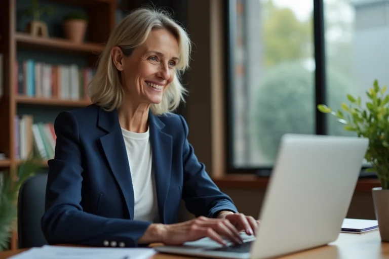 Femme connectée à son espace client bancaire CA22 sur un ordinateur portable dans un bureau à domicile