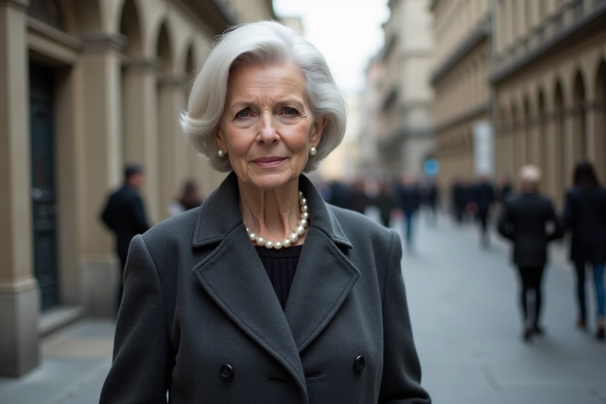 Femme senior de 70 ans avec une coupe asymétrique blanche sophistiquée dans une rue urbaine historique