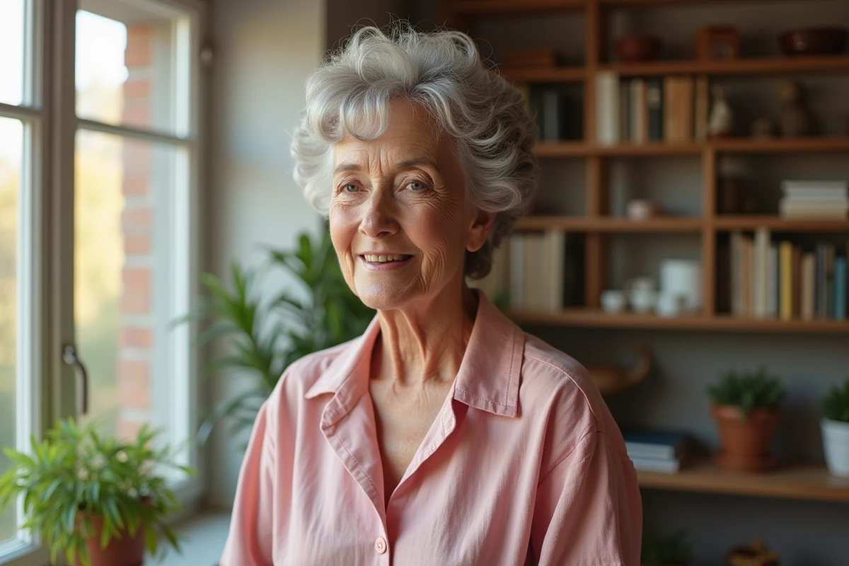 Femme de 78 ans avec une coupe courte bouclée gris argenté dans un intérieur moderne lumineux