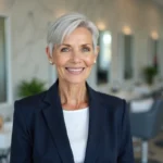 Femme de 70 ans avec une coupe pixie argentée élégante dans un salon de coiffure moderne
