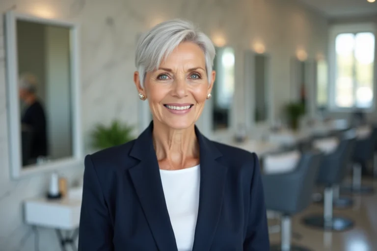 Femme de 70 ans avec une coupe pixie argentée élégante dans un salon de coiffure moderne