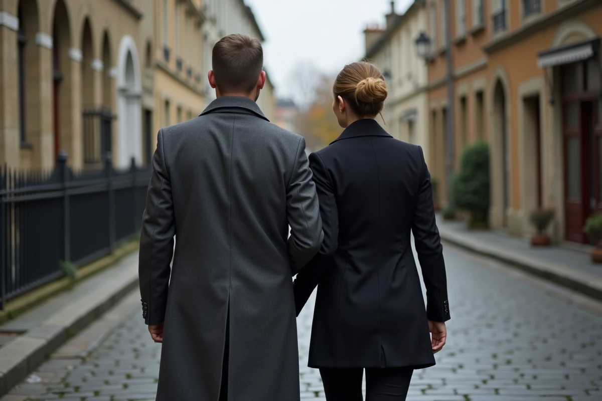 Couple élégant de dos marchant dans une rue pavée française, évoquant la discrétion de la vie privée d'une célébrité