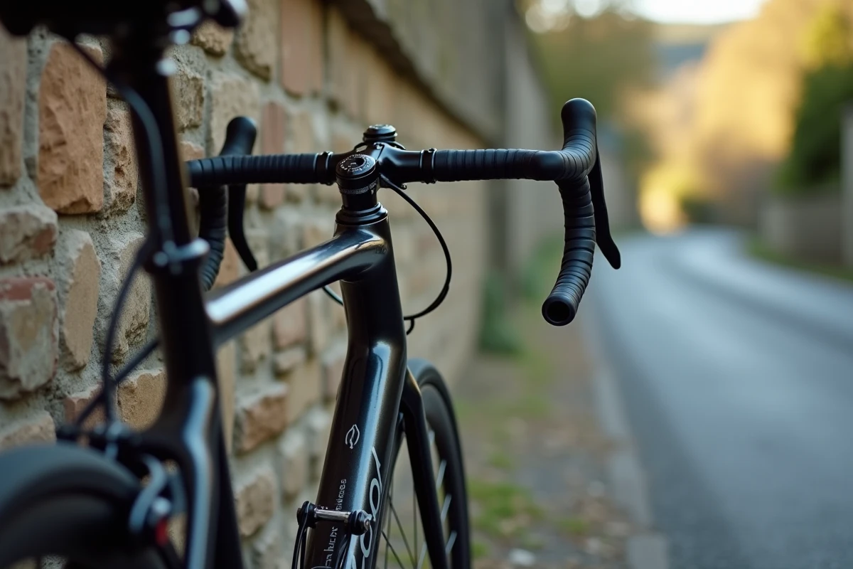 Détail du cadre et du groupe Shimano du Scott Speedster 60 appuyé contre un mur en pierre