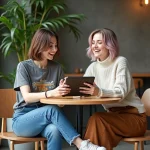 Deux femmes dans un café moderne partageant une tablette