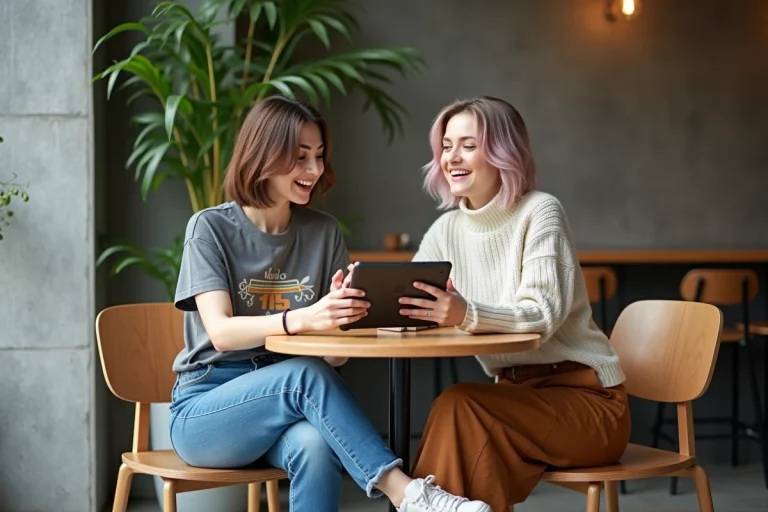 Deux femmes dans un café moderne partageant une tablette