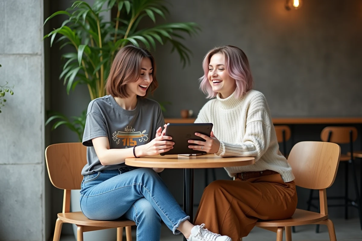 Deux femmes dans un café moderne partageant une tablette