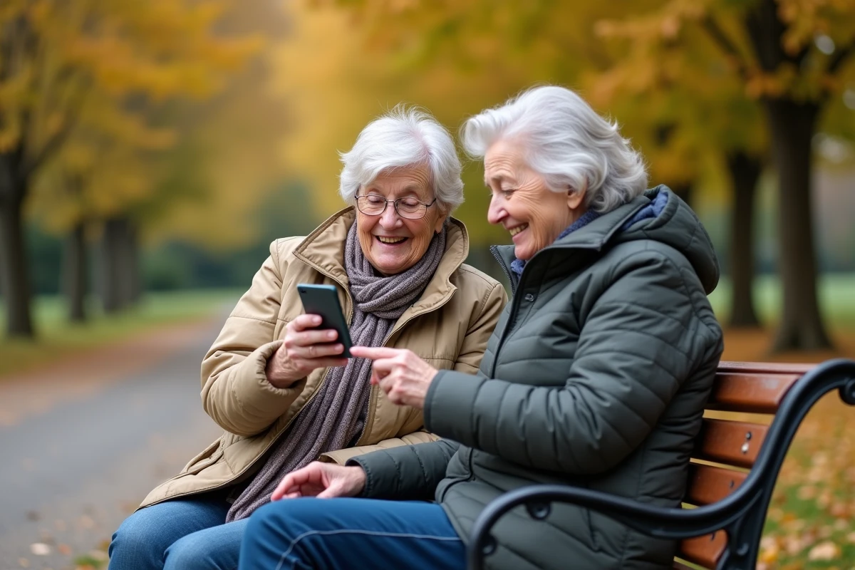 Deux femmes seniors utilisant WhatsApp sur un téléphone Doro dans un parc en automne