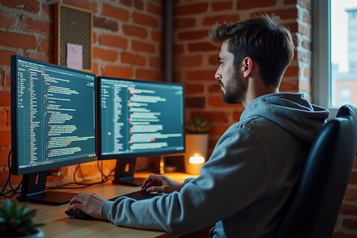 Développeur web consultant les mentions légales d'un site sur deux écrans dans un bureau à domicile avec murs en briques