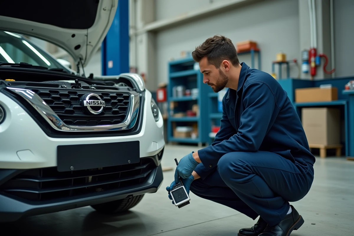 Mécanicien diagnostiquant les voyants moteur et ESP d'une Nissan Juke avec un scanner OBD2 dans un garage