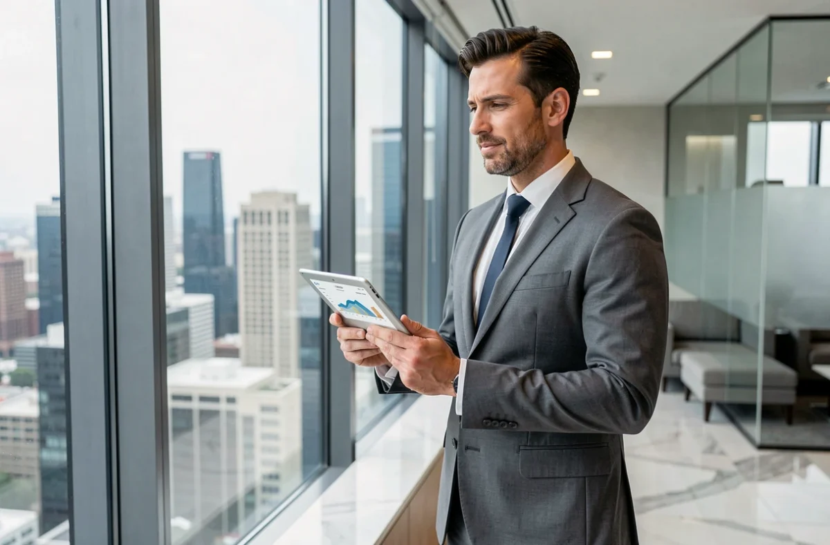 Dirigeant d'entreprise consultant des données analytiques sur une tablette face à une vue urbaine en hauteur