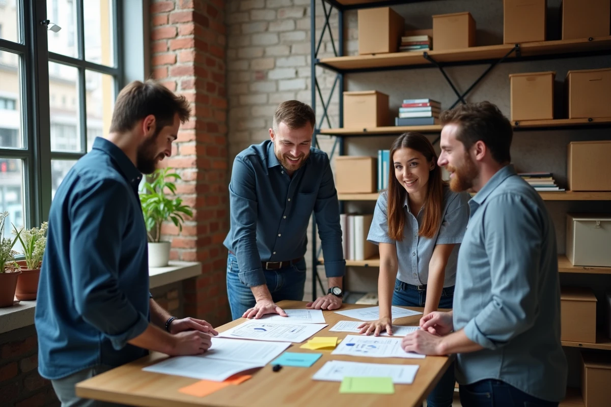Équipe de professionnels en réunion dans un espace de coworking à Rennes pour développer des opportunités business