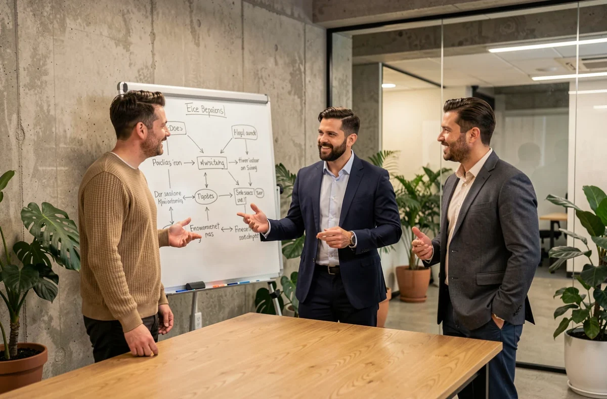 Équipe professionnelle collaborant autour d'un tableau blanc dans une salle de réunion moderne