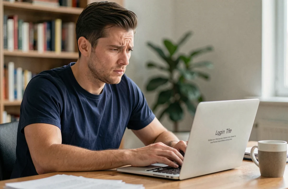 Homme frustré face à une erreur de connexion sur son ordinateur portable dans un bureau à domicile