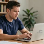 Homme frustré face à une erreur de connexion sur son ordinateur portable dans un bureau à domicile
