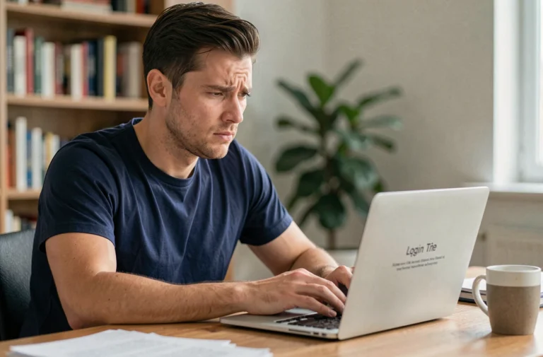 Homme frustré face à une erreur de connexion sur son ordinateur portable dans un bureau à domicile
