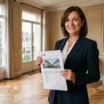 Femme agent immobilière tenant un document d'estimation de bien immobilier dans un appartement lyonnais moderne