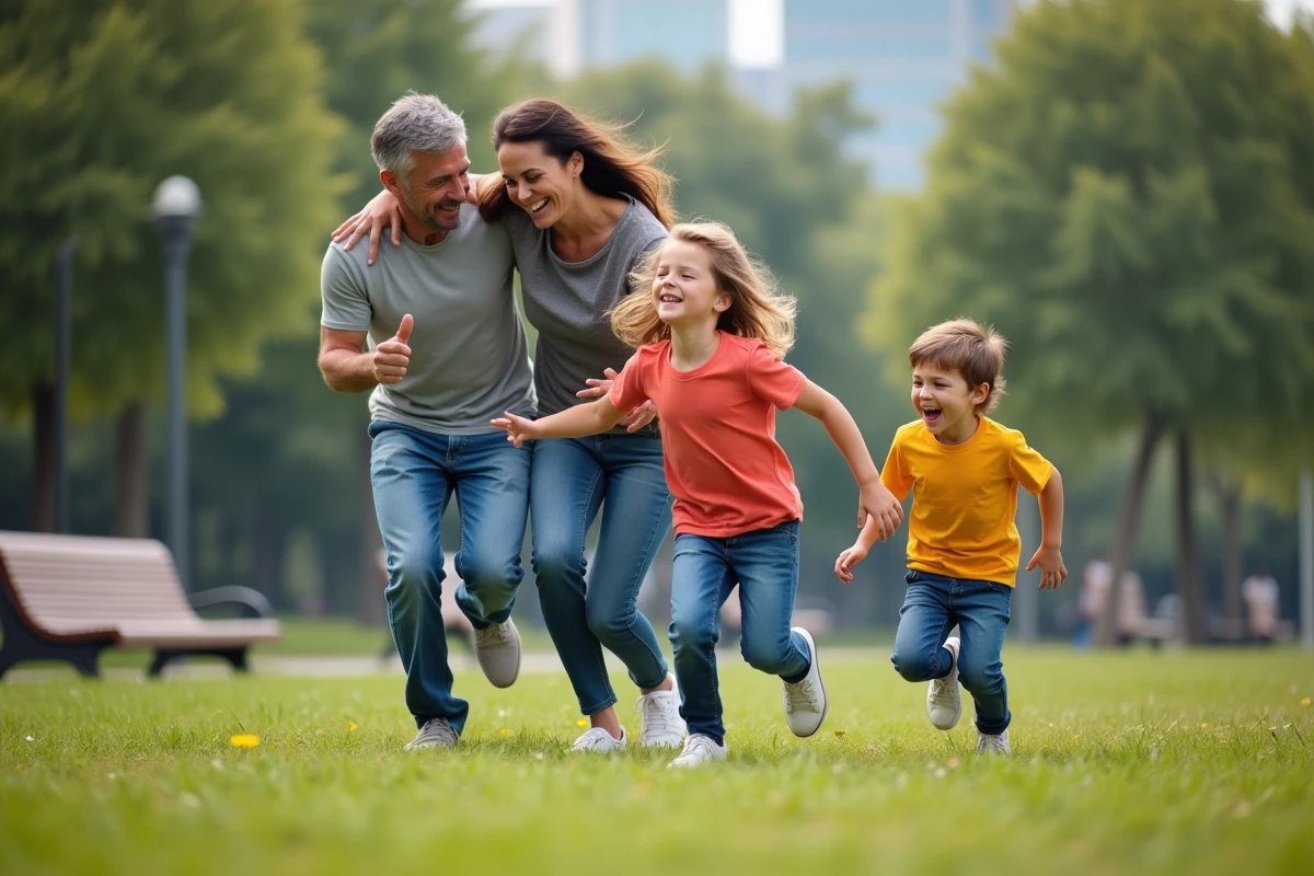 Famille jouant et courant dans un parc urbain