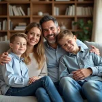Famille moderne assise dans un salon lumineux