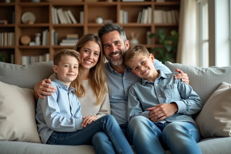 Famille moderne assise dans un salon lumineux