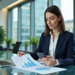 Femme d'affaires analysant des graphiques économiques dans un bureau moderne du centre de Rennes