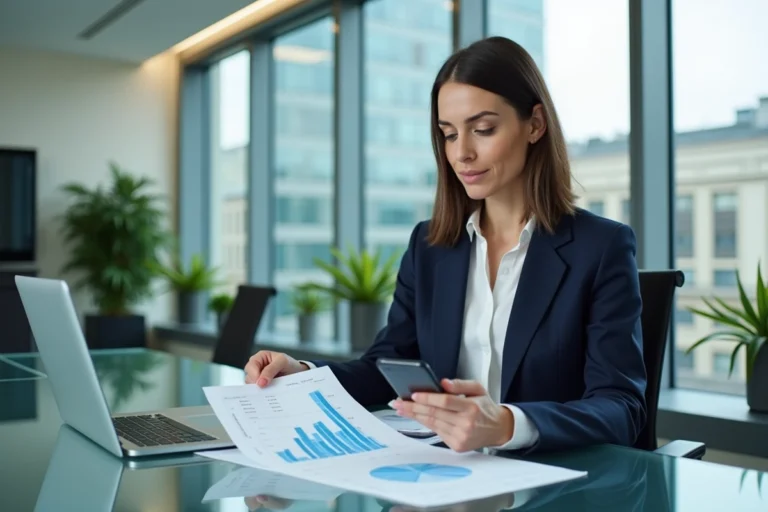 Femme d'affaires analysant des graphiques économiques dans un bureau moderne du centre de Rennes