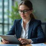 Femme d'affaires regardant des graphiques financiers sur une tablette