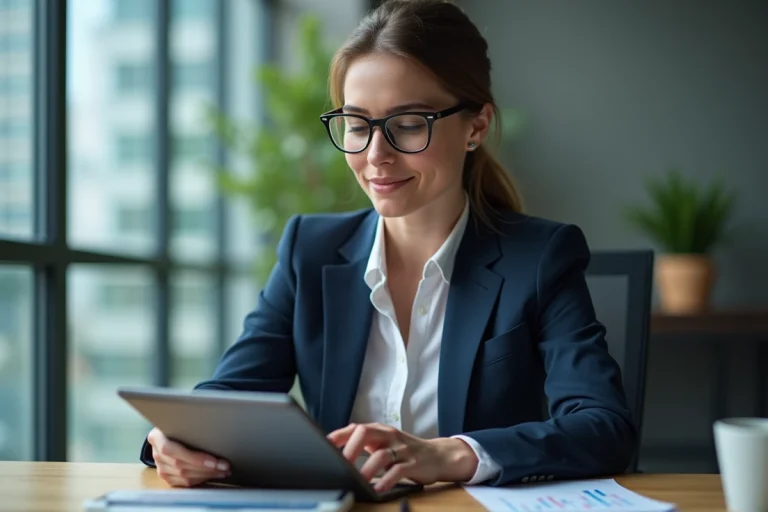 Femme d'affaires regardant des graphiques financiers sur une tablette