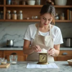 Femme utilisant une balance de cuisine vintage et un tableau de conversion gramme en litre pour peser des ingrédients sur un plan de travail en marbre