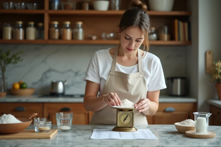 Femme utilisant une balance de cuisine vintage et un tableau de conversion gramme en litre pour peser des ingrédients sur un plan de travail en marbre