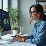 Femme au bureau analysant un tableau de bord