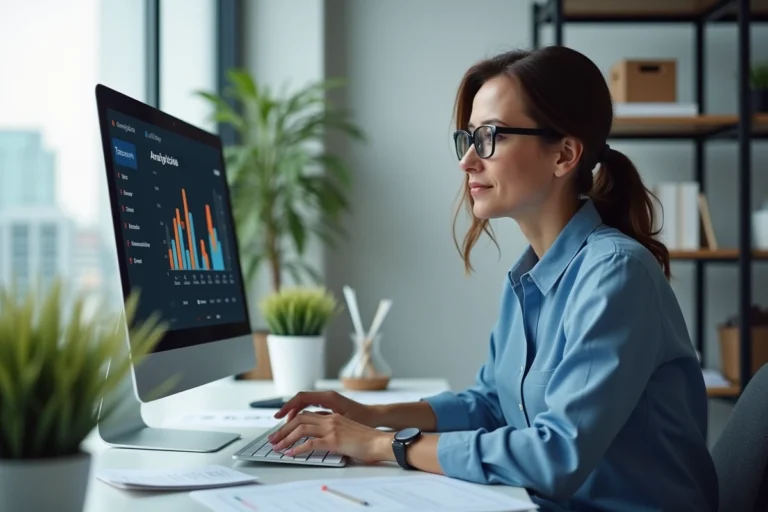 Femme au bureau analysant un tableau de bord
